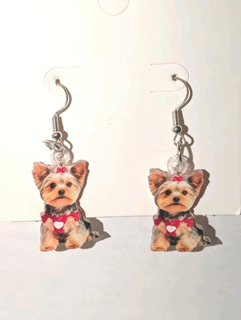 Hand Crafted 2D Flat Yorkie Dog Dangle Earrings in Red Accents